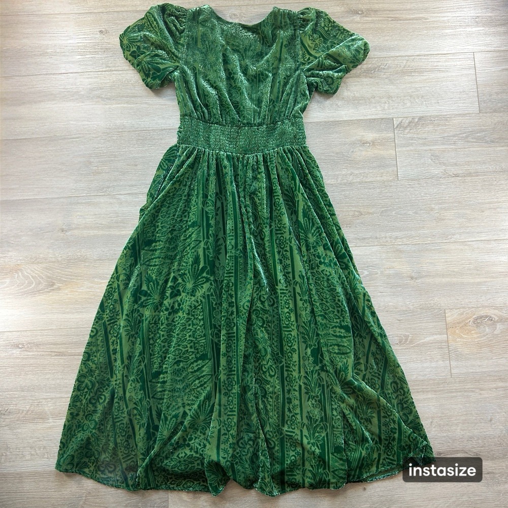 Anthropologie Size 10 Green Puff-Sleeved Burnout Velvet Maxi Dress Gala - Picture 5 of 14